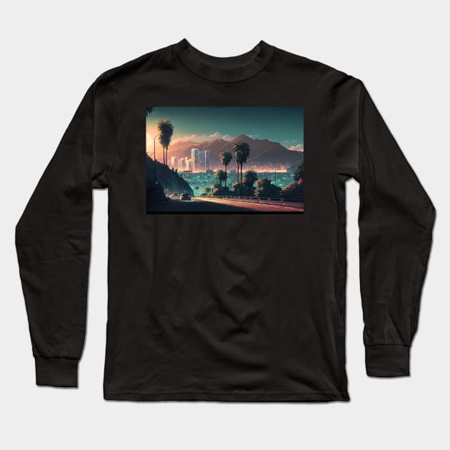 Colorful Hollywood Hills A Vibrant Urban Landscape Long Sleeve T-Shirt by Artwear Cafe